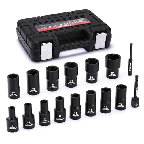 CASOMAN 16PCS 1/2" Drive Metric ImpactBolt and Nut Extractor Socket Set, Stripped Lug Nut Remover Include Hex Shank Adapter & Pin Bar, for Removing Damaged Rusted Broken Rounded Fasteners Off, CR-MO