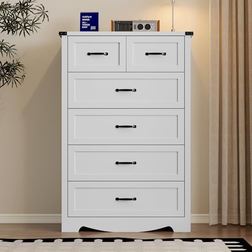 Image of BORNOON Tall 6-Drawer Dresser for Bedroom, Modern Wooden Chest of Drawers with Metal Handles, Anti-Tipping Design, Sturdy and Stable Storage Organizer for Living Room, Entryway, Home Office