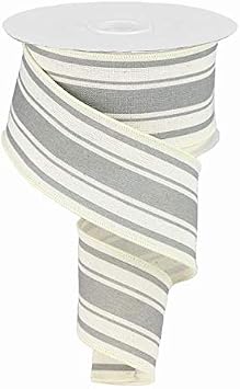 Craig Bachman Ivory and Cool Grey Farmhouse Stripe Cotton Wired Ribbon 2.5 Inch by 10 Yards for Professional Wreath Making and Neutral Home Decor