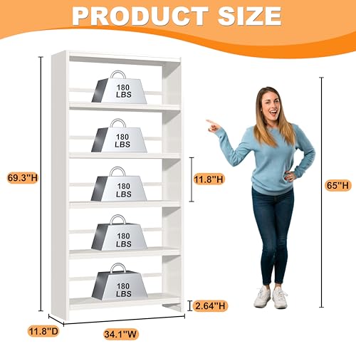 Image of VASAAOSD 5 Tier Book Shelf, 69.3 inch Tall White Bookshelves, Open Metal Bookshelf, Toolless Assembly White Shelves for Home Office, Living Room, Study