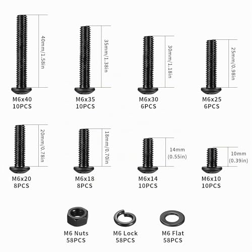 Set di Vis M6, 232 Pcs M6 Boulons et Écrous, Boulons Vis à Tête Cylindrique à Six Pans Creux avec Écrous et Rondelles, Kit Assortiment Boulons Vis à Tête Hexagonale avec Écrou, Noirs(M6) – vue 2