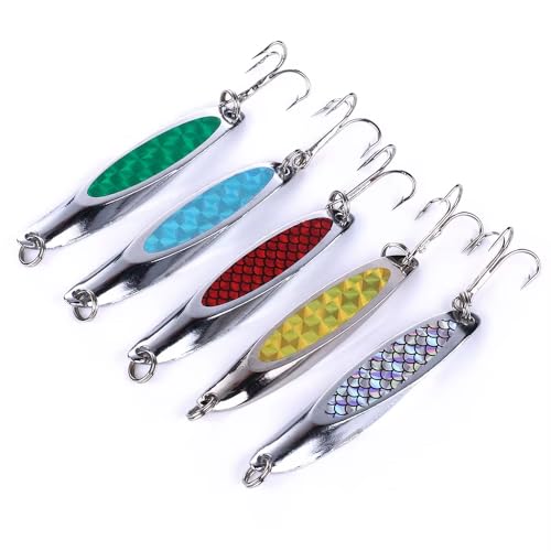 Set 5 Trolling Spoon Ondulati Tonnetto Pesca Traina e Spinning Cucchiaini Ondulanti Esche Artificiali