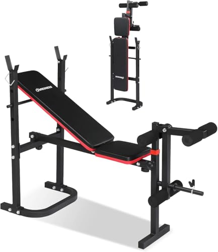 TARESNESS Adjustable Weight Bench for Full Body Workout, 4-in-1 Folding Bench Press with Leg Developer & Barbell Rack, 440LBS Capacity, for Home Gym Strength Training(Red)
