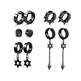 5 Pairs Black Stainless Steel Non-Piercing Spike Rivet Star of David Dangle Tassel Clip on Hoop Earr