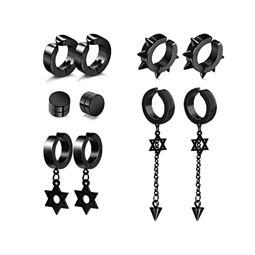 5 Pairs Black Stainless Steel Non-Piercing Spike Rivet Star Of David Dangle Tassel Clip On Hoop Earrings Set For Women Men, Non Pierced Fake Ear Clip Stud Earrings #TOP4
