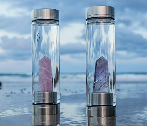 Rose Quartz Crystal Water Bottle For Healing, Wellness, 15 Oz. - Infused Water Bottle With Large Crystals, Bottle Bikini Sleeve - Premium, Portable, Leakproof Glass Bottles #TOP13