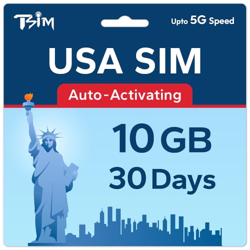 TSIM Tarjeta SIM USA 30 Días 10GB | Cobertura Alta Red Multioperador 5G | Activación Automática | Plan Recargable | Hotspot Permitido | Solo Datos
