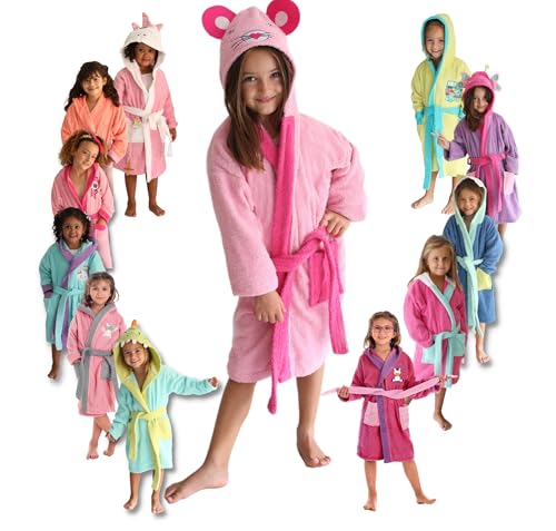 LEBENGOOD Albornoz Niñas, Algodón 100% OEKO TEX, 2 Bolsillos, Cinturón, Capucha, Felpa suave con bordados, Infantil,niños, Bebe, Piscina, Baño, Ducha (Mousy 6-8 años)