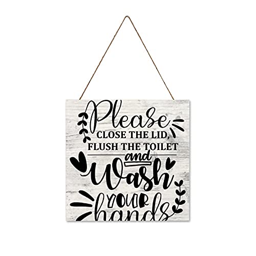 EricauBird Please Close The Lid Flush The Toilet and Wash Your Hands Wood Sign Funny Bathroom Toilet Decorative Hanging Plaque Rusitc Wall Decor for Living Room Dining Room Kitchen Housewarming Gift