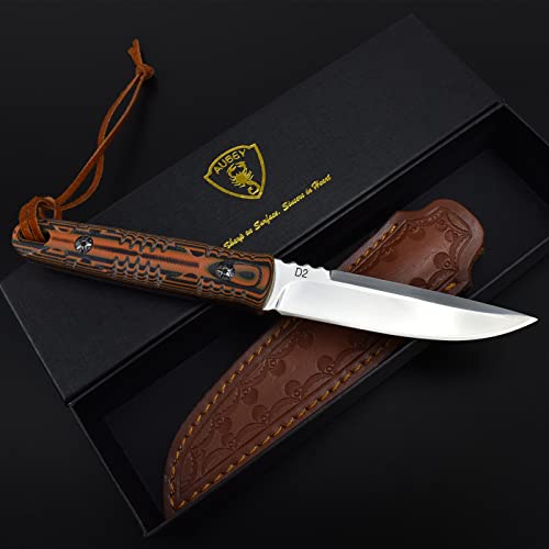 Aubey Fixed Blade Hunting Knife Full Tang With Leather Sheath For Men, D2 Blade Outdoor Survival Camping Knife, G10 Handle #TOP6