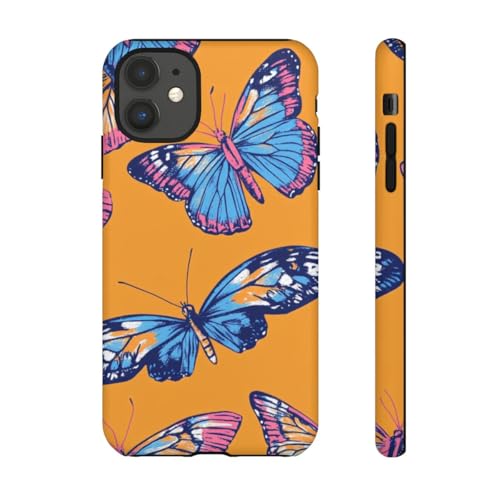 Coque rigide iPhone 11 papillons bleus roses et fond orange mat