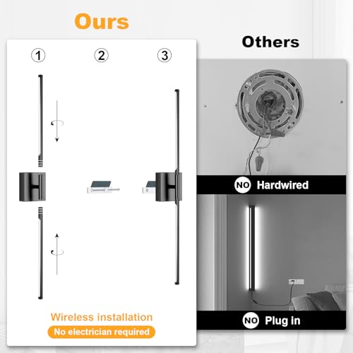 Image of Battery Operated Wall Sconce, 3000K-6000K Dimmable Black Wall Lights with Remote Control, Timable LED Wireless Wall Sconces, 350 Ratate for Bathroom, Living Room, Hallway 29.1 Inch 1 Pack