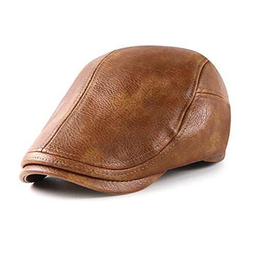 Ueither Hombre Gorras Planas Ajustable PU-Cuero Sombrero Gatsby Ivy Irish Golf Cabbie Hat 56-60 CM (Café Ligero)