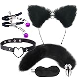 SMグッズ アナルプラグ 尻尾 アナルグッズ 狐耳カチューシャ 乳首クリップ 首輪 かわいいハート型 アナル調教 初心者 アナル拡張 アナル調教 狐 猫 獣耳 5点セットコスプレアイマスク付け (ブラック)