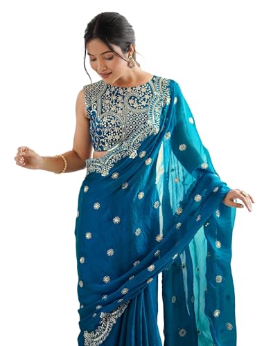 Image of Satrani Women's Shimmer Chiffon Dual Tone Scalloped Border Sequins Embroidery Saree with Unstitched Blouse Piece