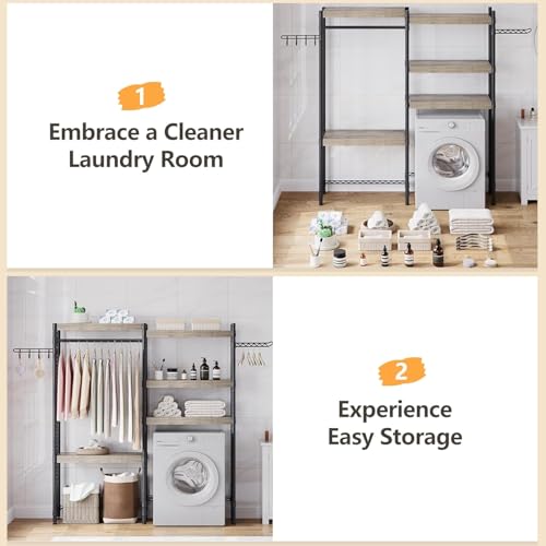 GarveeHome 5-Tier Wood Over-the-Washer Dryer Storage Shelf 30" A+B - Adjustable Height Laundry Organizer with Double-Layer Wood Shelves, Space-Saving Design for Bathroom, Laundry Room, or Balcony, Gre
