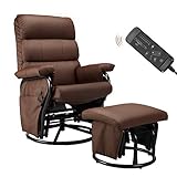 Esright Glider Recliner with Ottoman, Swivel Glide Chair, Faux Leather Lounge Recliner with Footrest, Vibration Massage Lounge Chair with Side Pocket, Brown