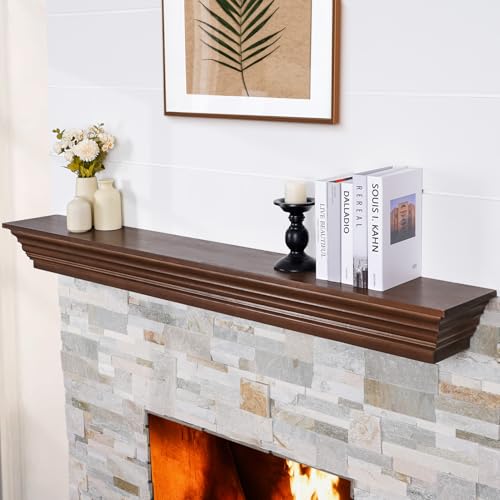 TECANA Wood Fireplace Mantel - 60 Inch Rustic Floating Mantel Shelf for Living Room, Wall-Mounted Solid Fireplace Mantle Decor for Bedroom, TV, Books, Walnut