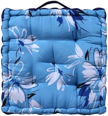 Kuber Industries (Pack of 6) Chair Pad | Seat Cushion with Button & Handle | Comfortable Seating Pad | Relax Back Chair Pad | Cotton Chair Pad for Car, Office | Square Floral Printed | Sky Blue