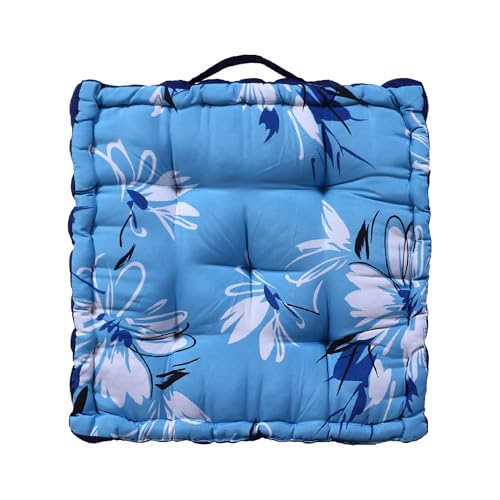 Kuber Industries (Pack of 6) Chair Pad | Seat Cushion with Button & Handle | Comfortable Seating Pad | Relax Back Chair Pad | Cotton Chair Pad for Car, Office | Square Floral Printed | Sky Blue