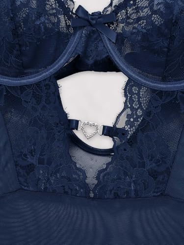 Image of Foxiny Sexy Lingerie Set 3 Piece Women Corset Bodysuit | Sheer Mesh Lace Push-Up Underwire Heart Garter Stocking Plus Size Curvy Exotic Costume Halloween Christmas Valentine's Day