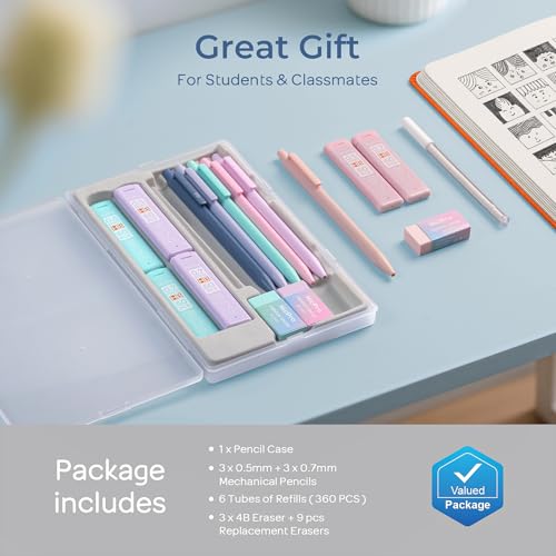 Nicpro 6PCS Pastel Mechanical Pencil Set with Case, Cute Drafting Pencils 0.5mm & 0.7mm with 6 Tubes HB Lead Refills, Erasers, Eraser Refills, Aesthetic School Supplies for Girls Drawing Sketching