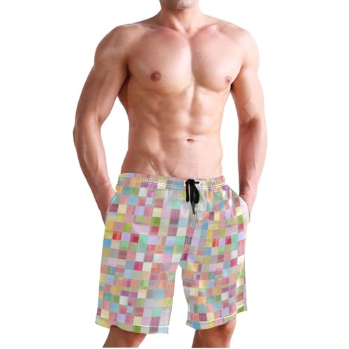 Quick Dry Colorful Squares Men's Swimming Shorts Swim Trunks with Mesh Lining Beach Wear - S3