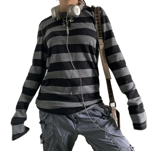 Women Baggy Striped Shirt Crewneck Y2k Oversized Stripes Print Top Pullovers Fairy Grunge Teen Girls Vintage Tee 2000s(D234 Gray Black,M)