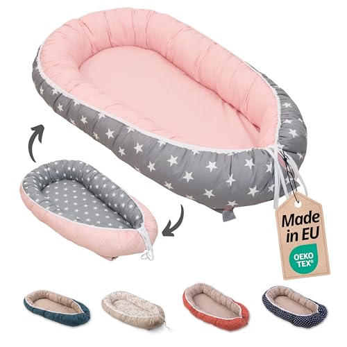 ULLENBOOM Babynest - 100% OEKO-TEX Materialien & Made in EU, Rosa Grau - Babynestchen Neugeborene aus kuscheliger Baumwolle, Ideal als Reisebett & Kuschelnest geeignet
