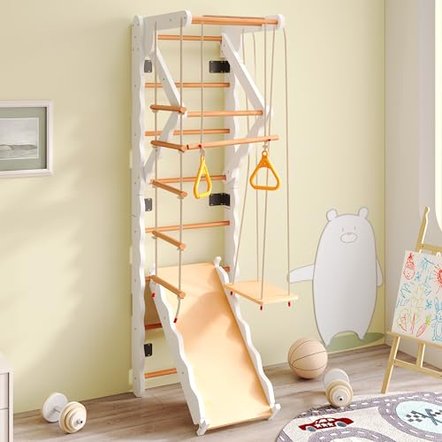 Estructura de escalada interior 6 en 1 para niños, juegos de gimnasio y columpios, de madera con tobogán, escalera para gatear, pared de peldaños, gimnasio, torre de juegos, gimnasio
