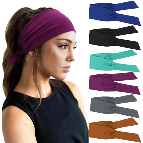 Image of DRESHOW 6 PCS Adjustable Headbands for Women Knotted Headbands Elastic Non-Slip Fashion Hair Bands for Workout Sports Running Yoga