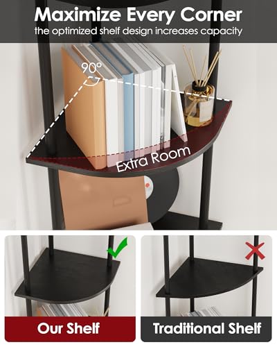 Sakugi Corner Shelf - 5-Tier Corner Bookshelf with Wall Anchors & Non-Slip Feet, Corner Shelves with Rustproof Metal Frame for Bedroom, Living Room, Home Office, 11.6\"×11.6\"×56.2\", Black - Thumbnail 5