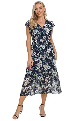 Image of VintageClothing Womens Sundress Casual Floral Summer Boho Dress | Flowy Wrap V Neck Ruffle A-Line Pleated Hem Midi Dresses