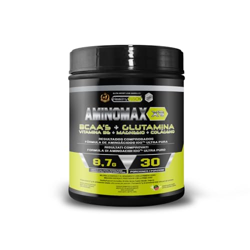 Healthy Fusion Aminomax | Aminoácidos Esenciales | 8.7g/dosis de BCAAs, Glutamina, Colágeno, Magnesio y Vit B6 | Recuperación muscular, Activa el metabolismo y fortalece el sistema inmunológico | 300g