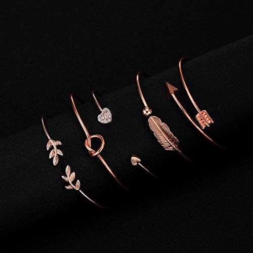 Softones 5pcs Bangle Rose Gold Bracelets for Women Heart|Olive Leaf|Arrow|Feather|Knot Heart Open Cuff Bracelet Set Adjustable3