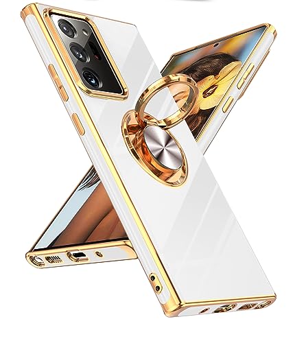 LeYi for Samsung Note 20 Ultra Case: 360° Rotatable Ring Holder Magnetic Kickstand, Plating Rose Gold Edge for Samsung Galaxy Note 20 Ultra Case, White