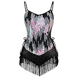 OMEWEE Robe de danse latine à paillettes pour femme - Sans manches - Frange...