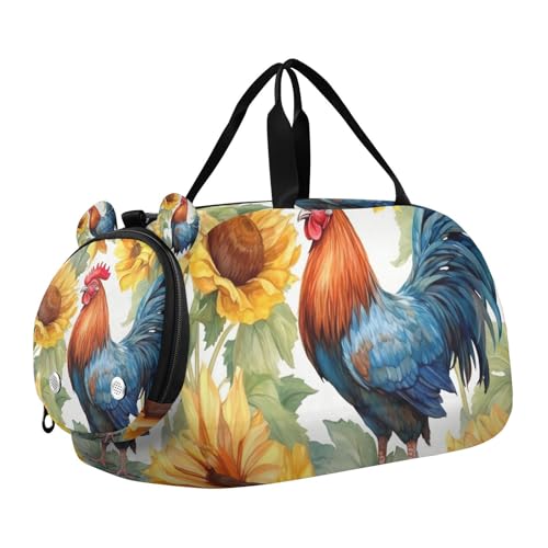 YETTASBIN Sport Travel Duffel Bag for Girls Boys, Rooster Sunflower Large Waterproof Weekender Overnight Bag, Detachable Shoulder Strap Gym Bag with Shoe Compartment & Wet Pocket