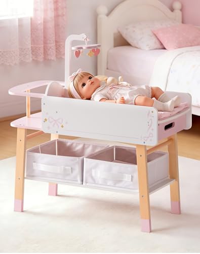 ROBOTIME 18 Inch Doll Changing Table Wooden Baby Doll Bed with Storage Bins & Drawer Pink Doll Nursery Furniture for 18 Inch Dolls Baby Doll Furniture for Pretend Play