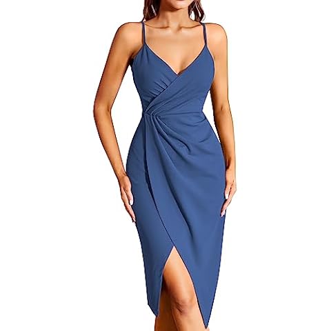 Missufe Sleeveless Ruched Midi Slit Dresses Women's Wrap V Neck Spaghetti Strap Bodycon Summer Party Cocktail Dress (Haze Blue, Small) Cover