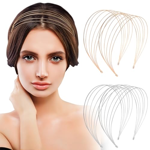 BENOSPACE Multi Layers Metal Headbands for Women, 4Pcs Fashion Thin Elastic Metal Headband Layered Elegant Headpiece Hair Accessories Row Wire Headband Bridal Headband Hair Hoop Wedding Hair Band