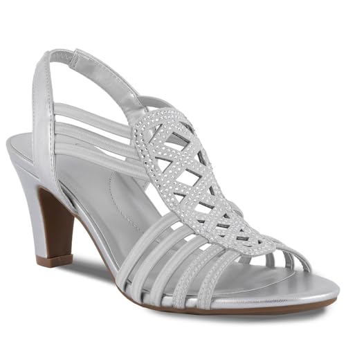 Jones New York Women’s Strappy Slingback Dress Sandals, Open Toe Slip-On Mid Heel Shoes with Stretch Upper and Heat-Set Stone Detail for Party, Wedding, and Evening Wear, Silver, 7.5