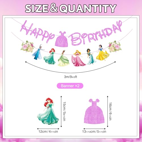 Princess Birthday Party Decorations Include 1pc Glitter Happy Birthday Banner,1pc Princess Banner and 14pcs Cute Hanging Swirls for Girls, Pre-Assembled Party Decorations - Image 5