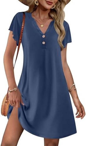 Ekouaer Women's Nightgown Short Flare Sleeve Sleepshirt V-Neck Sleepwear Soft Nightshirt Pajama Dress S-XXL