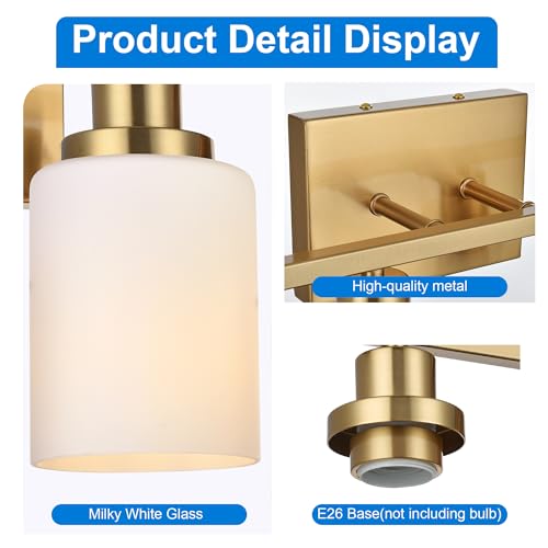 Image of MELUCEE Bathroom Light Fixtures Brushed Brass, 2-Light Bathroom Vanity Light with Milky White Glass Shades E26 Sockets, Bathroom Lights Over Mirror Wall Lights for Bedroom Hallway Living Room