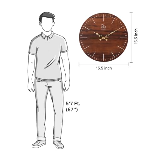 Image of Engineered Wood Round Shape Wall Clock with Metallic Hand & Silent Quartz Movement | Wooden Minimalist Design Anti Reflection Analog Vintage Clock for Home (Brown, 15 Inch)