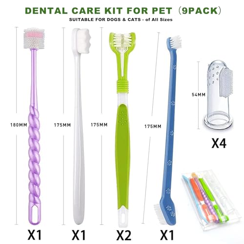 Image of 9-Pack Dog Toothbrush Kit, Triple Head & Double Head Dog Toothbrush, 360 Finger SiliconeToothbrush, Multi-Angle Dental Cleaning Brushes for Cat Oral Health