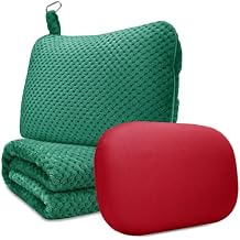 urnexttour Travel Pillow Blanket Set-3 in 1 Travel Pillow Memory Foam, Soft Travel Blanket Airplane Compact with Bag, Inner Pillowcase, Hand Luggage Belts and Backpack Clip, for Plane Car, Green