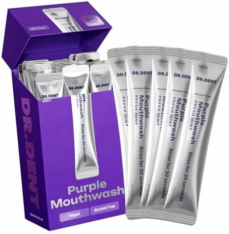 DR.DENT Purple Mouthwash for Teeth Whitening - Color Correcting Mouthwash Sachets - Peroxide Free, Alcohol Free - Freshens Breath, Supports Gum Health - Vegan, Mint Flavor (20 pc)