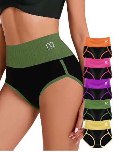 5 Pcs Women's High Waist Tummy Control Underwear Fashion Contrast Color Comfortable Fit Bikini Panties Assorted Colors XL